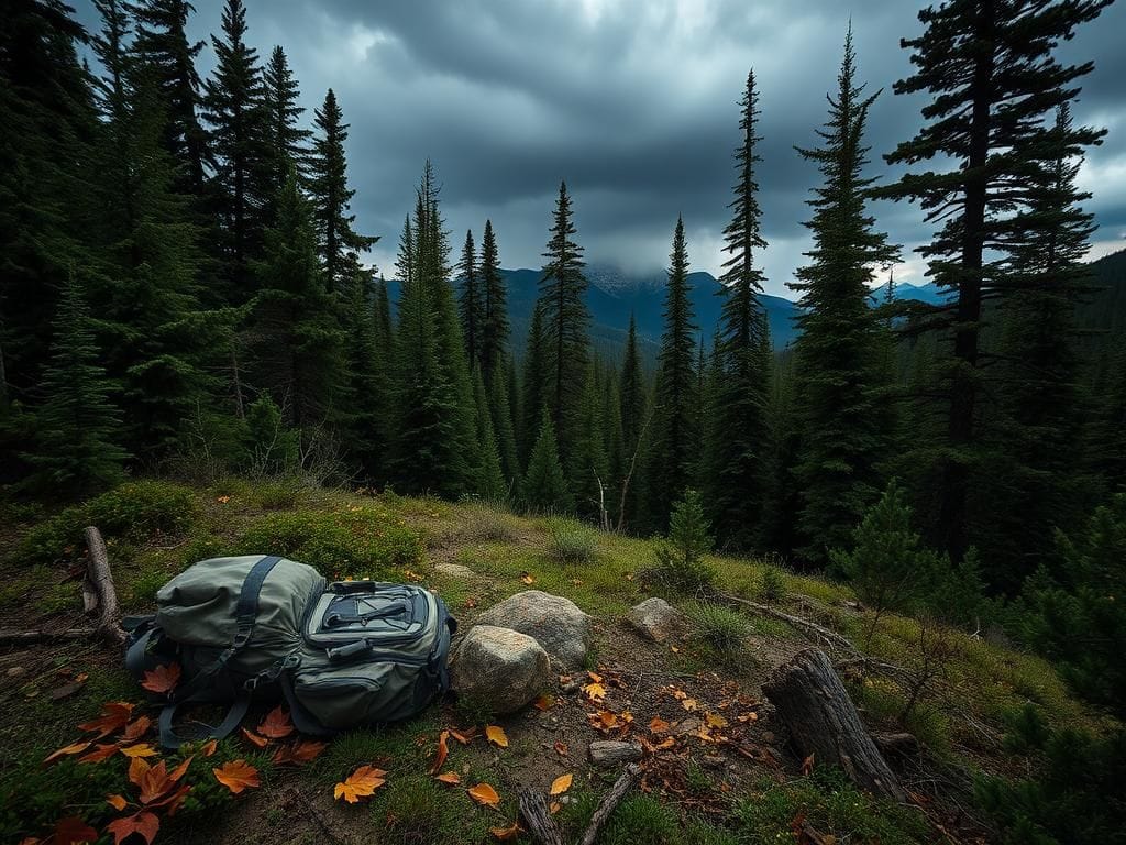 Flick International Abandoned backpack on forest floor in Colorado's San Juan Wilderness after lightning strike