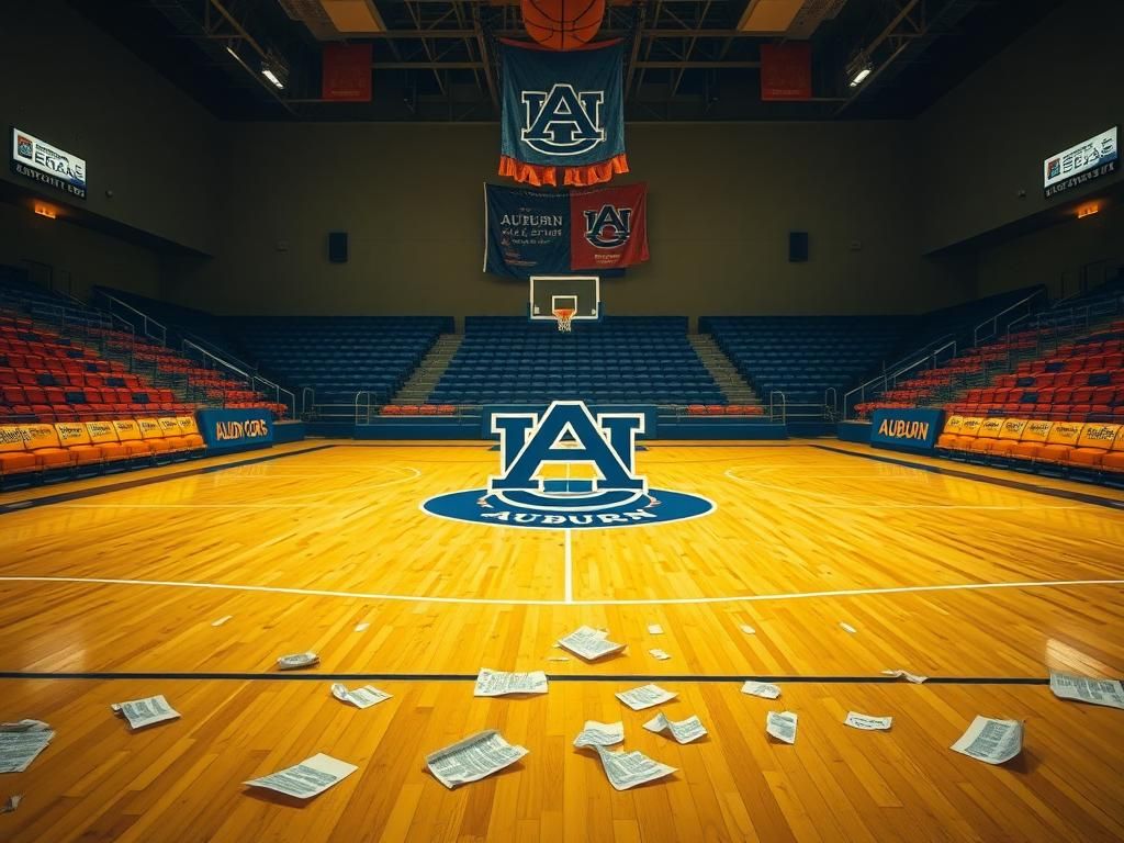 Flick International A deserted Auburn basketball court with blue and orange colors and the Tigers logo at center court.
