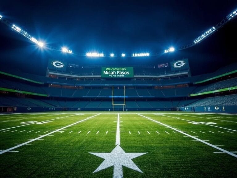 Flick International AT&T Stadium illuminated at night with Dallas Cowboys logo and Green Bay Packers elements