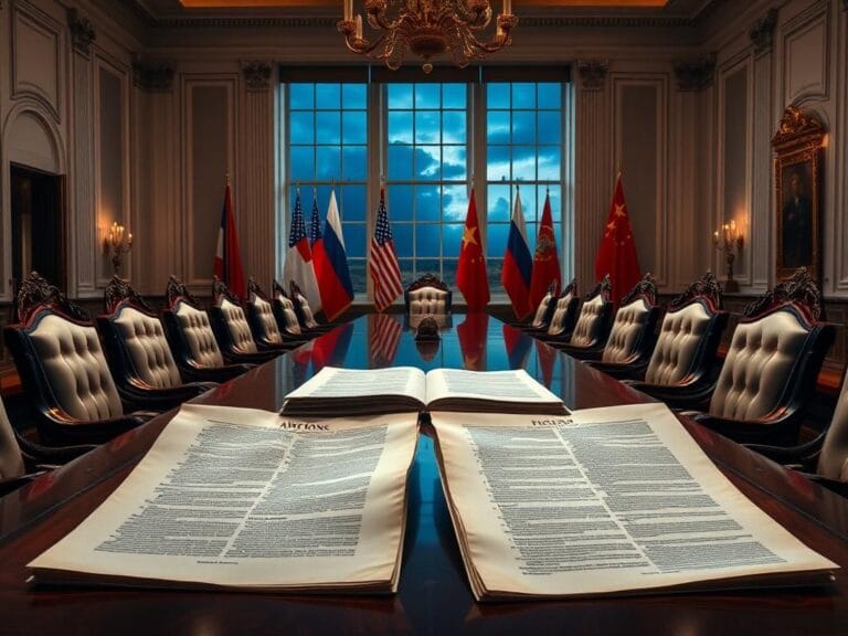 Flick International Grand conference room in the White House with empty plush chairs and a long table