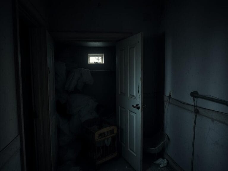 Flick International Dimly lit abandoned room with a cluttered closet revealing dark and unsettling contents