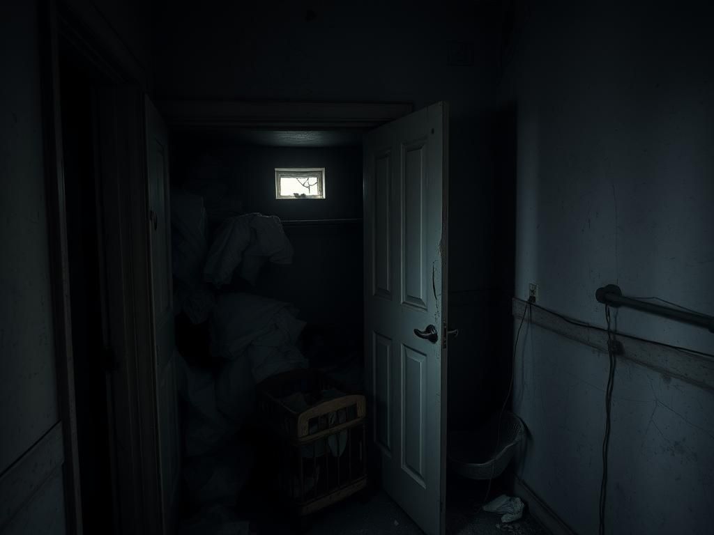 Flick International Dimly lit abandoned room with a cluttered closet revealing dark and unsettling contents