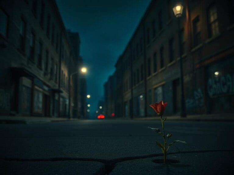 Flick International Dimly lit Chicago street at night with flickering streetlights and dark, worn buildings