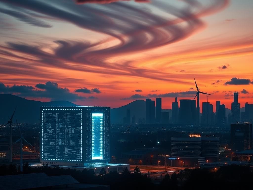 Flick International Futuristic cityscape at dusk showing renewable energy technologies and energy consumption