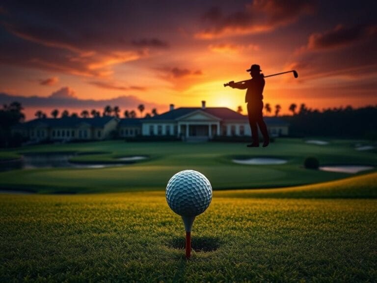 Flick International Dramatic sunset over a golf course with a golf ball on a tee