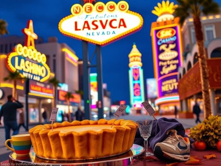 Flick International A vibrant Las Vegas strip scene at dusk with bright neon lights and a seasonal pumpkin pie