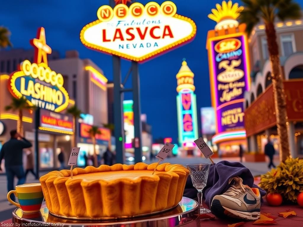 Flick International A vibrant Las Vegas strip scene at dusk with bright neon lights and a seasonal pumpkin pie