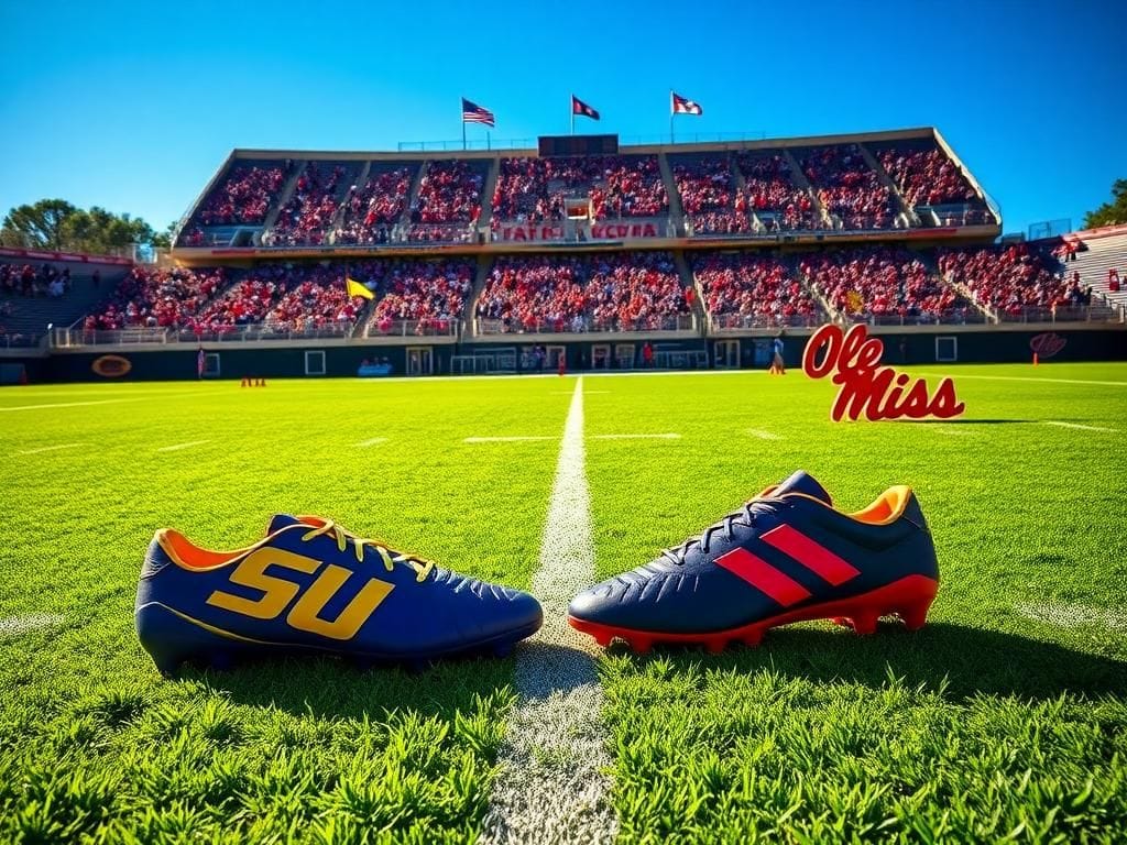 Flick International Vibrant college football scene with LSU and Ole Miss logos, showcasing a competitive atmosphere.