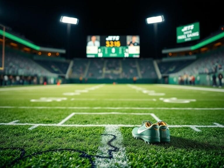 Flick International Vibrant football scene depicting New York Jets colors and oversized cleats on an empty sideline