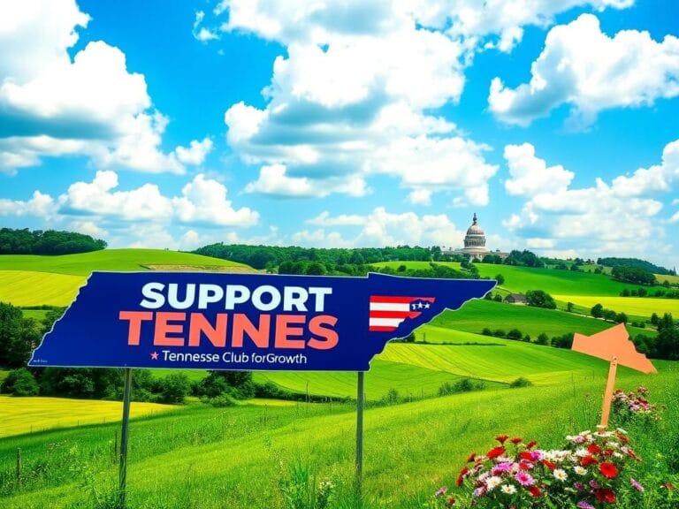 Flick International A vibrant political landscape in Tennessee with a bold 'Support for Change' sign surrounded by green hills and the Tennessee State Capitol in the background