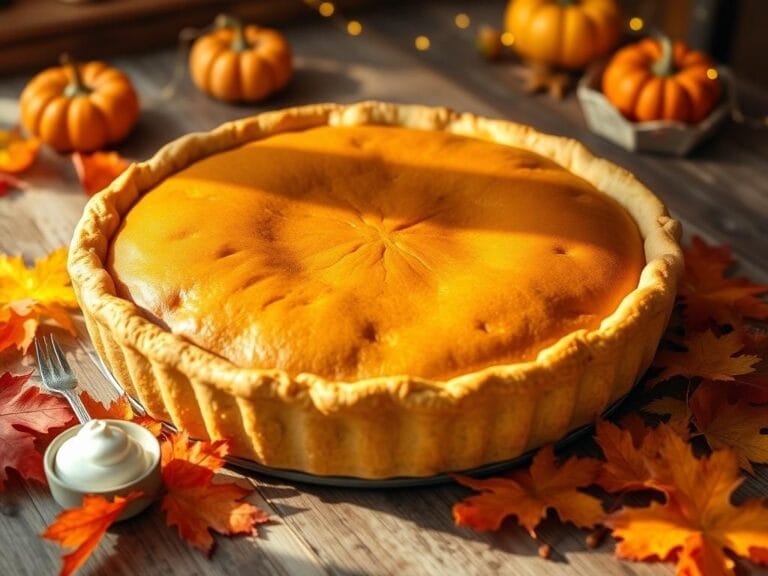 Flick International Large, golden-brown pumpkin pie on a rustic wooden table
