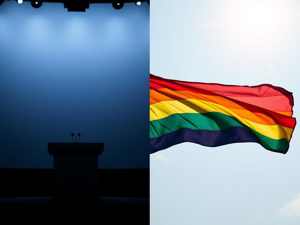 Flick International A split image contrasting a somber political debate stage and a vibrant rainbow flag