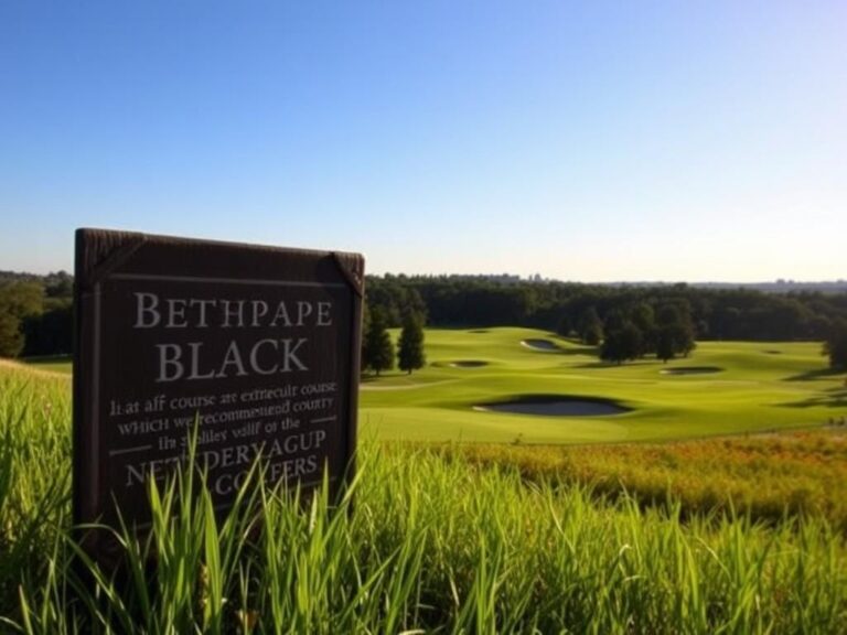 Flick International Scenic view of Bethpage Black golf course featuring undulating fairways and a wooden sign warning of difficulty