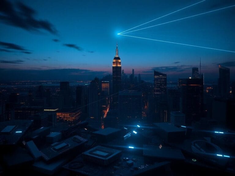 Flick International High-tech urban landscape at dusk featuring New York's skyline and the United Nations building with telecommunications devices illuminated in the foreground.