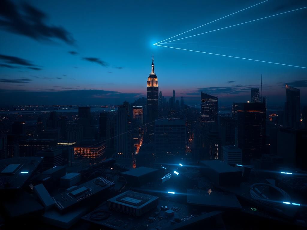 Flick International High-tech urban landscape at dusk featuring New York's skyline and the United Nations building with telecommunications devices illuminated in the foreground.