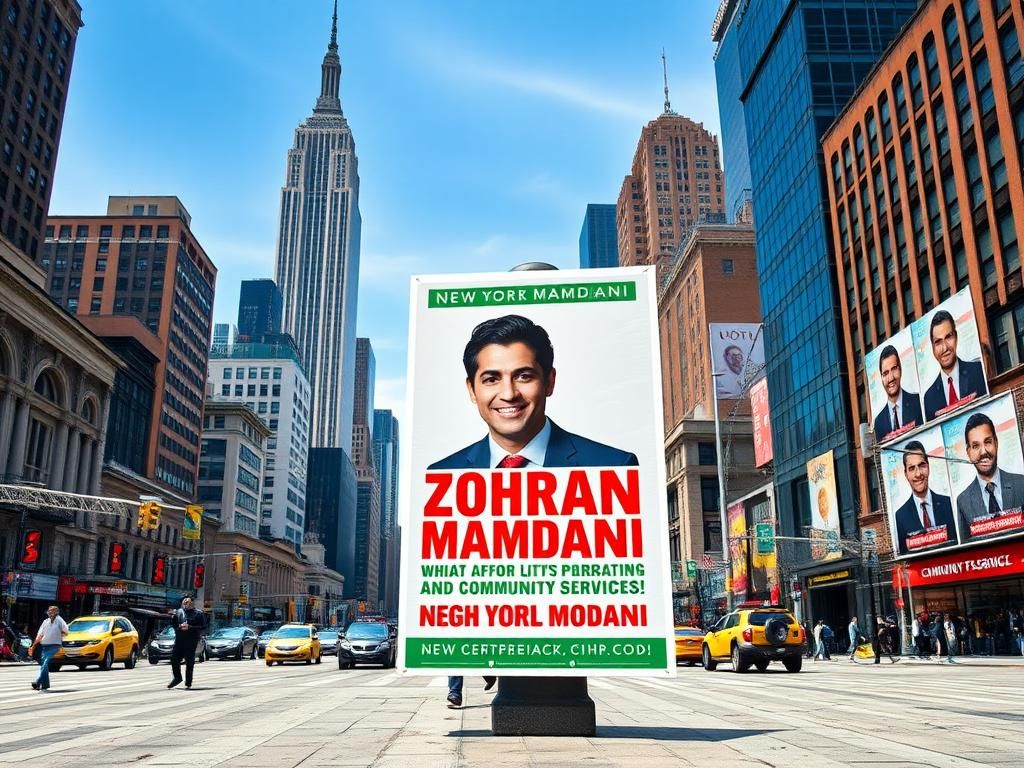 Flick International Oversized campaign poster of Zohran Mamdani against the NYC skyline, showcasing his dynamic campaign for mayor.