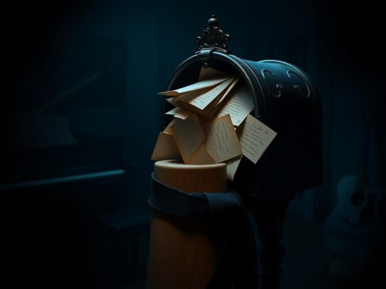 Flick International Vintage mailbox overflowing with handwritten letters and a black karate belt over a wooden dummy