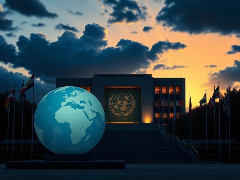 Flick International A stylized depiction of the United Nations building at dusk, symbolizing reform and unity