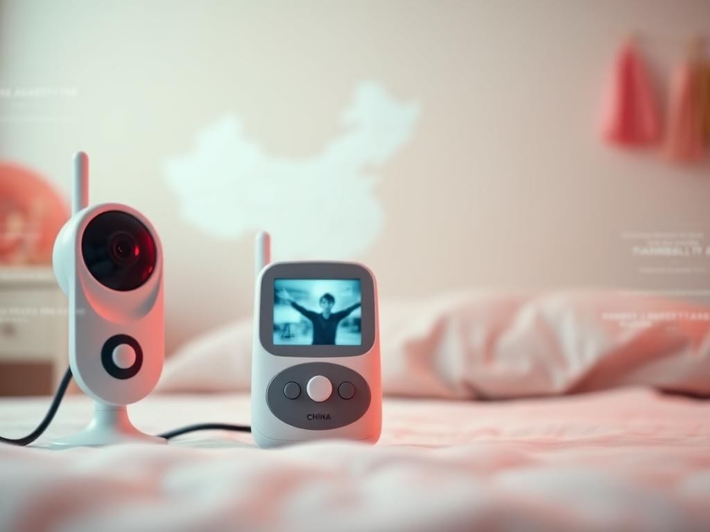 Flick International Close-up of a baby monitor and security camera on a pastel nursery background representing safety and surveillance.