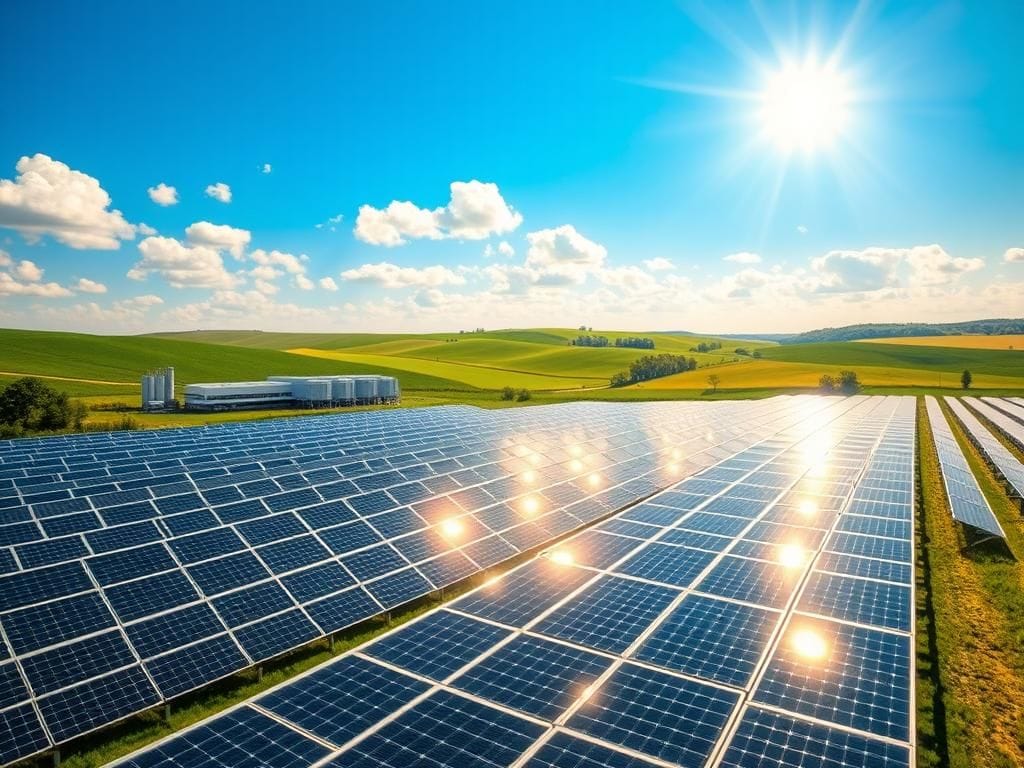 Flick International Vibrant solar farm in Wisconsin featuring rows of solar panels with a modern battery storage facility