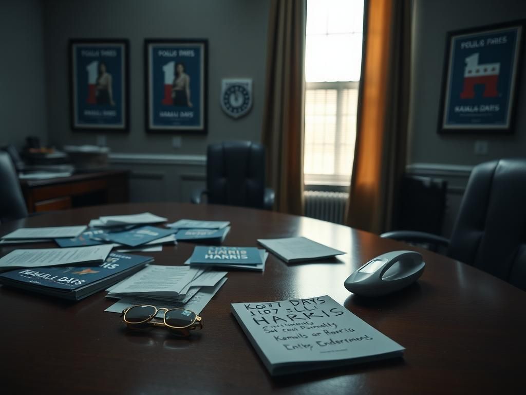 Flick International A dimly lit campaign office featuring a polished wooden desk with campaign materials and Kamala Harris' memoir, '107 Days'