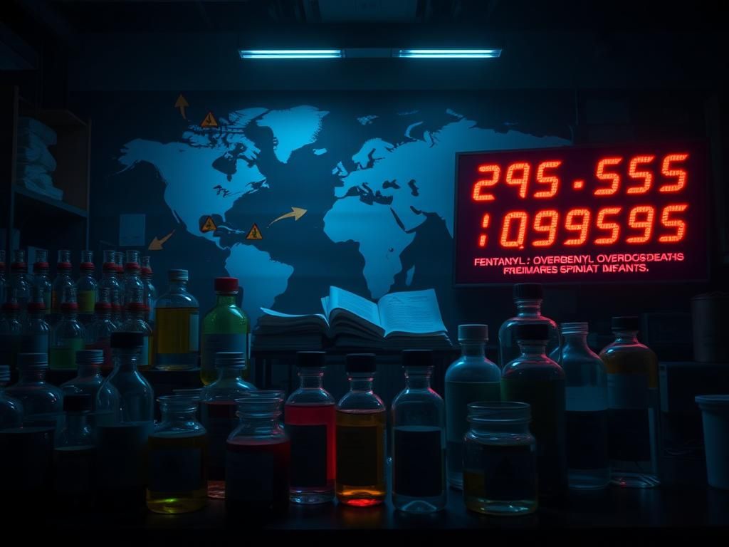 Flick International A dimly lit laboratory filled with colorful chemical containers labeled as hazardous, representing the dangerous fentanyl precursors sourced from China.