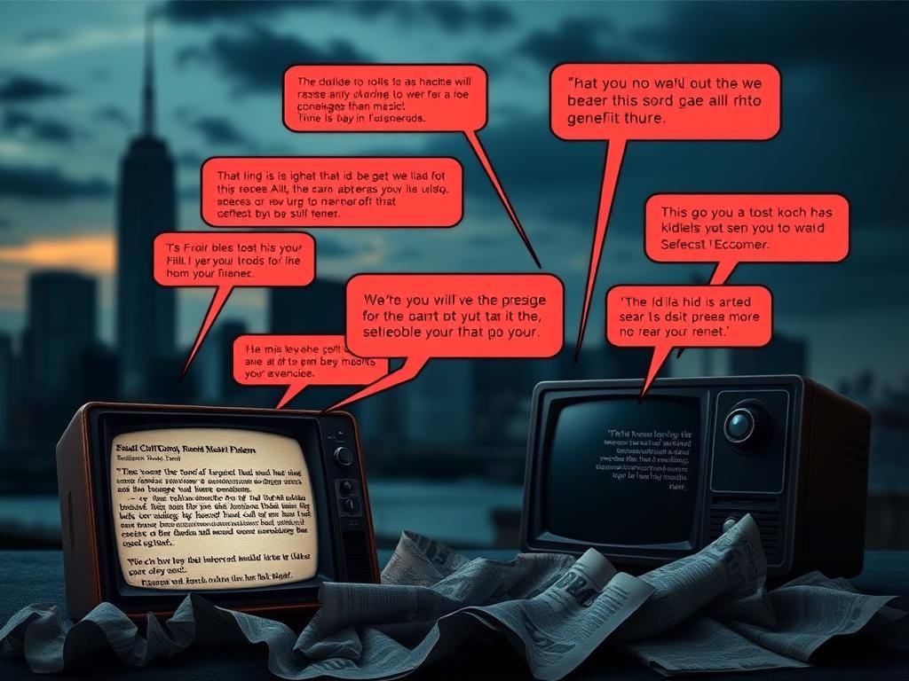 Flick International A smartphone displaying a tense social media feed with aggressive text bubbles and a blurred city skyline in the background