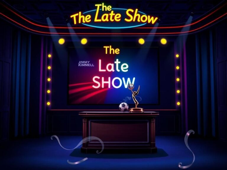 Flick International Conceptual illustration of a late-night talk show set with vibrant neon lights and an Emmy Award on the desk