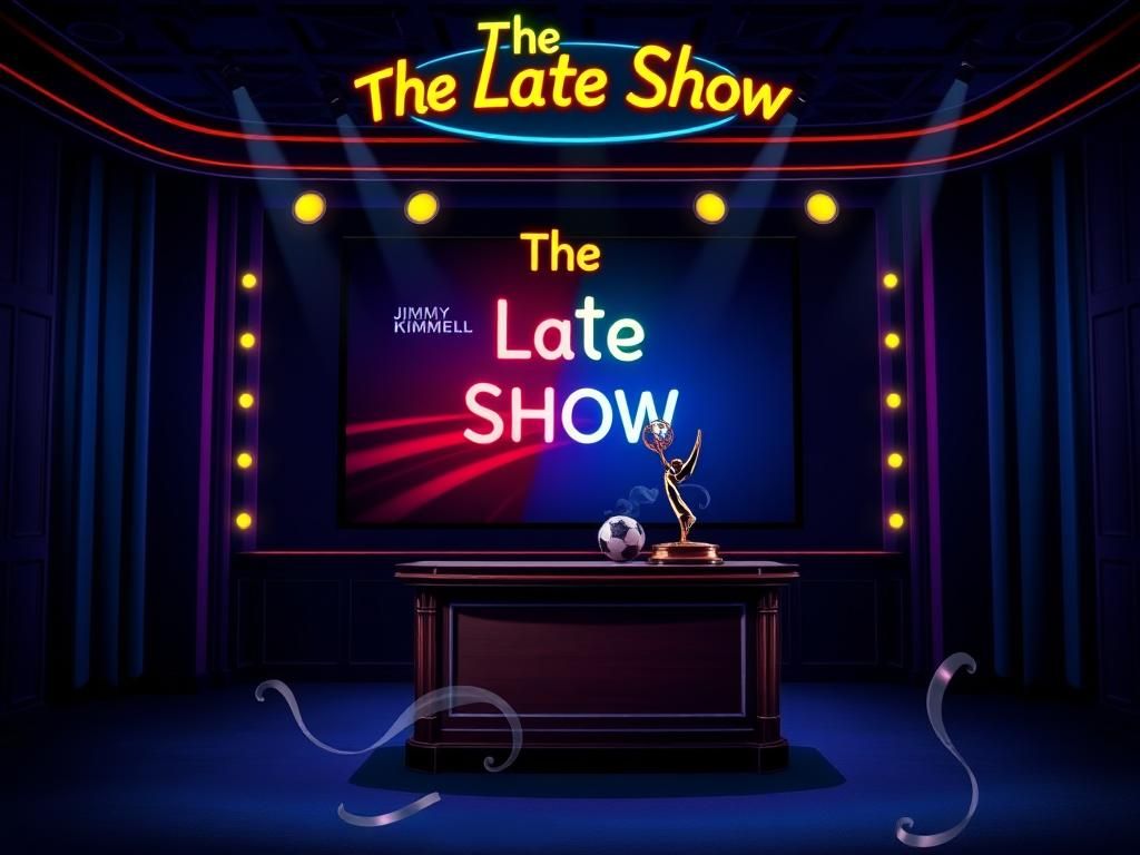 Flick International Conceptual illustration of a late-night talk show set with vibrant neon lights and an Emmy Award on the desk