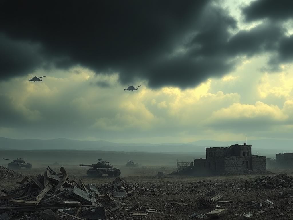 Flick International Desolate landscape symbolizing conflict with shattered buildings and dark storm clouds