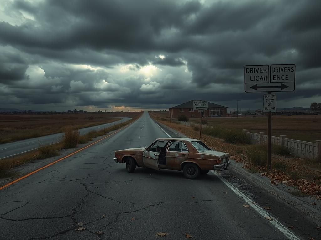 Flick International A cracked highway with an abandoned car, symbolizing neglect and danger in immigration policies