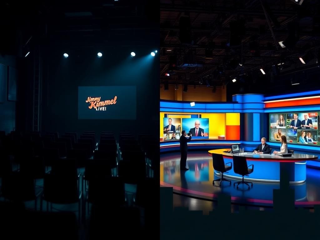 Flick International Split-screen image contrasting the darkened studio of 'Jimmy Kimmel Live!' with a vibrant local news set