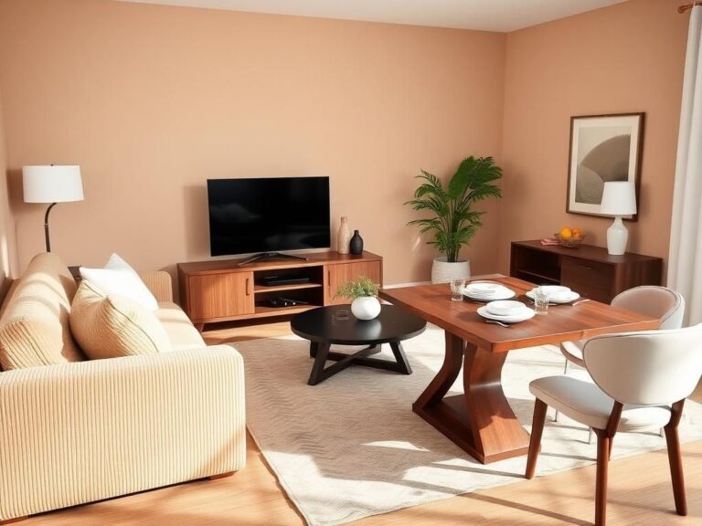 Flick International Cozy living room scene showcasing budget-friendly furniture including a soft corduroy sofa and elegant accent chair.