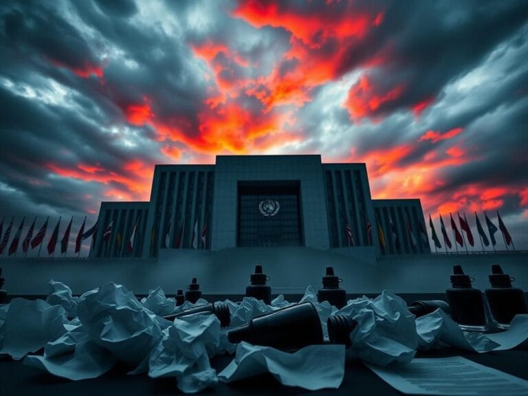 Flick International Dramatic view of the United Nations headquarters with stormy sky and symbolic elements representing conflict
