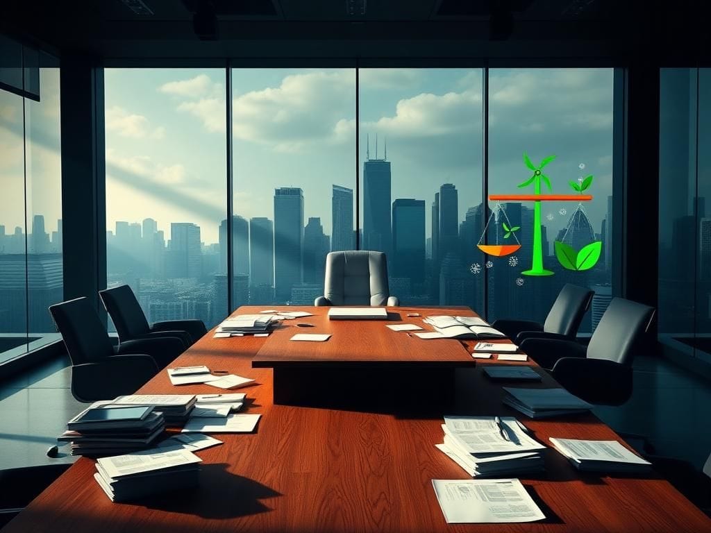 Flick International A modern office space with a wooden conference table surrounded by documents and a city skyline in the background