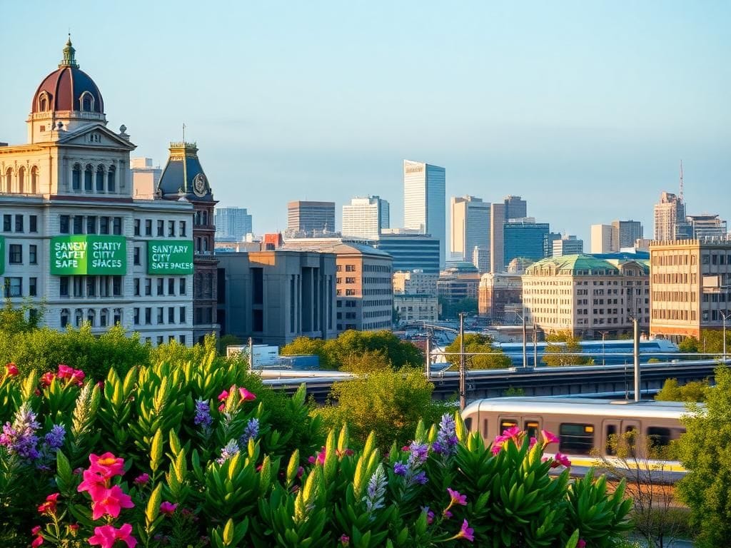 Flick International Serene cityscape of Portland, Oregon showcasing municipal buildings with 'Sanctuary City Safe Spaces' signage in multiple languages