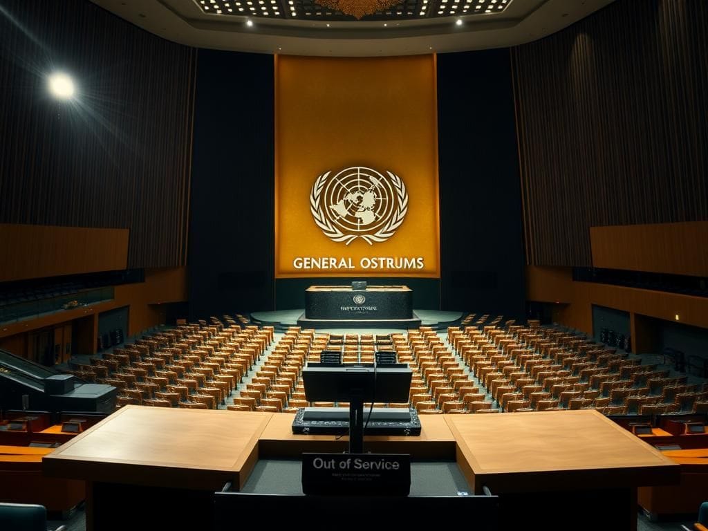 Flick International A large, empty podium at the United Nations General Assembly with a malfunctioning teleprompter.