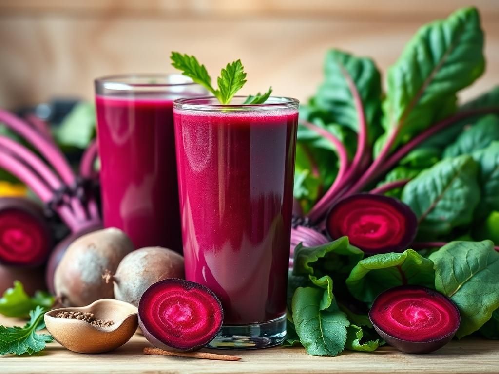 Flick International Freshly squeezed beetroot juice in a clear glass surrounded by whole beetroots and leafy greens