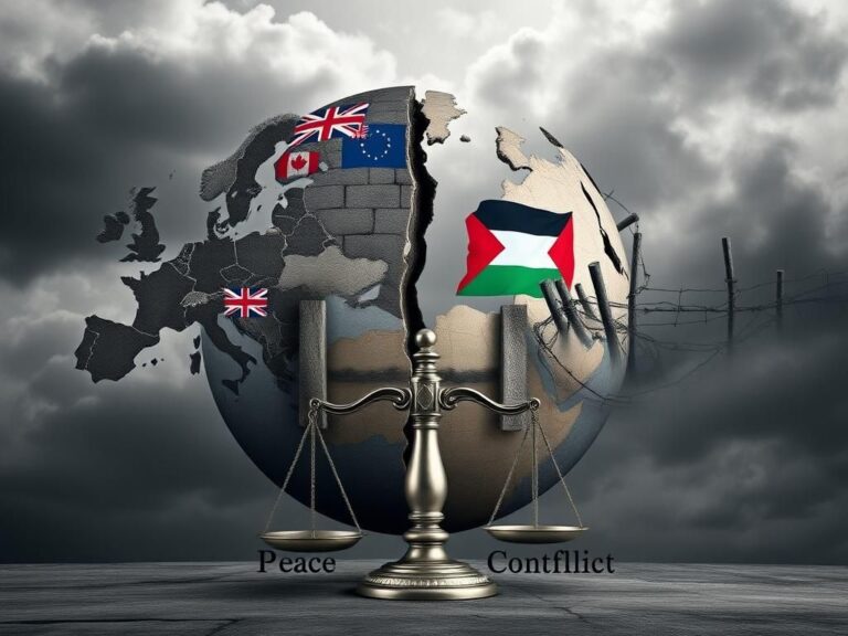 Flick International A fractured globe symbolizing the tension between Europe and the Middle East regarding Palestinian state recognition