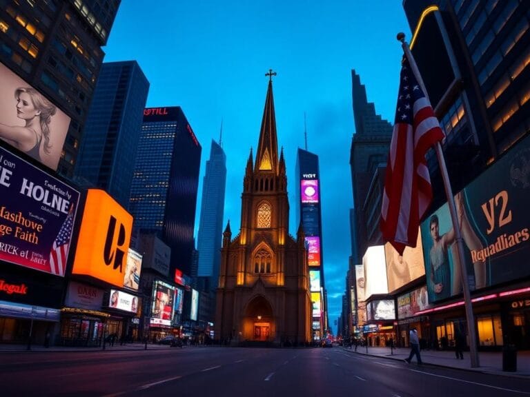 Flick International A panoramic view of Times Square at dusk with an empty street and a Gothic church