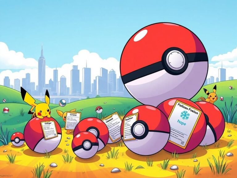 Flick International A vibrant illustration inspired by Pokémon, depicting oversized Pokéballs and immigration cards in a whimsical landscape