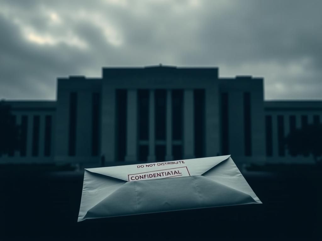 Flick International A stark view of the Pentagon's exterior under an overcast sky with a focus on a sealed envelope labeled 'CONFIDENTIAL'
