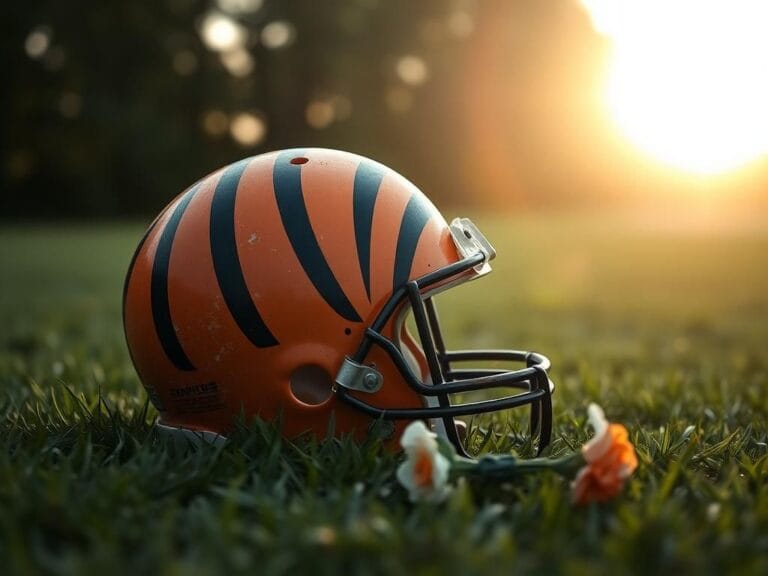 Flick International Vintage Cincinnati Bengals football helmet resting on green grass with flowers, symbolizing tribute