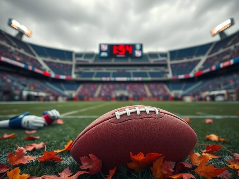 Flick International Close-up of a football on turf with autumn leaves, MetLife Stadium in background