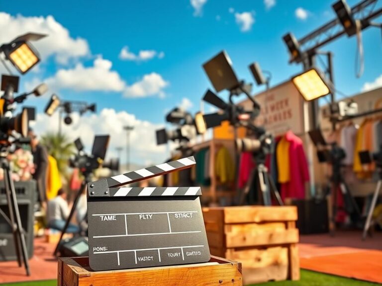 Flick International A vibrant Hollywood film set with a clapperboard and colorful props