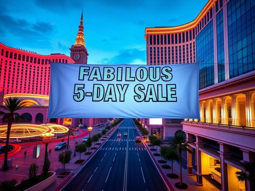 Flick International Aerial view of the Las Vegas Strip at dusk featuring the Bellagio fountains and Venetian architecture