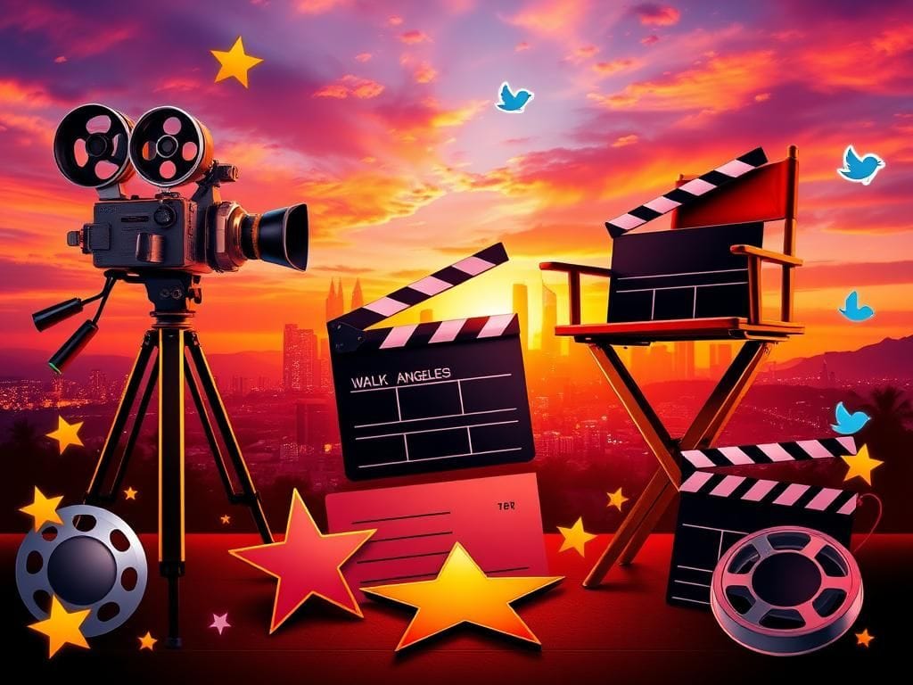 Flick International Vibrant Hollywood symbols with sunset skyline