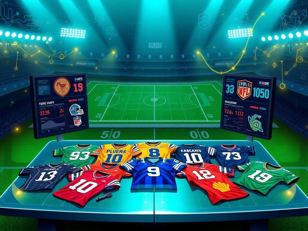 Flick International A vibrant digital illustration of a fantasy football setting with AI elements and NFL team jerseys