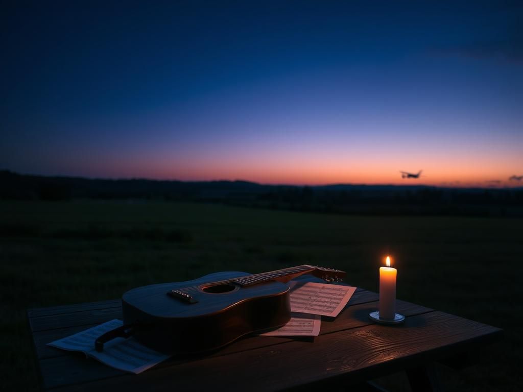 Flick International Tranquil country setting at twilight with wooden guitar and candle