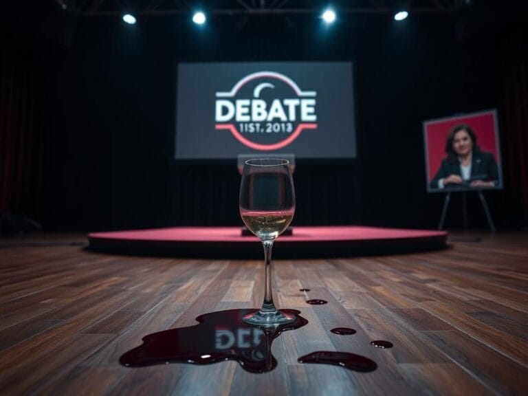 Flick International A dimly lit debate stage with an empty podium and a spilled glass of wine, symbolizing the tension of political discourse